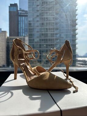 Vince Camuto Pointed-Toe Lace-Up Heels in Tan Suede